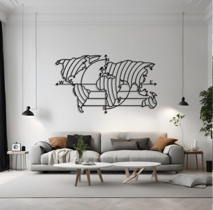 Wanddekoration aus Metall - Weltkarte schwarz