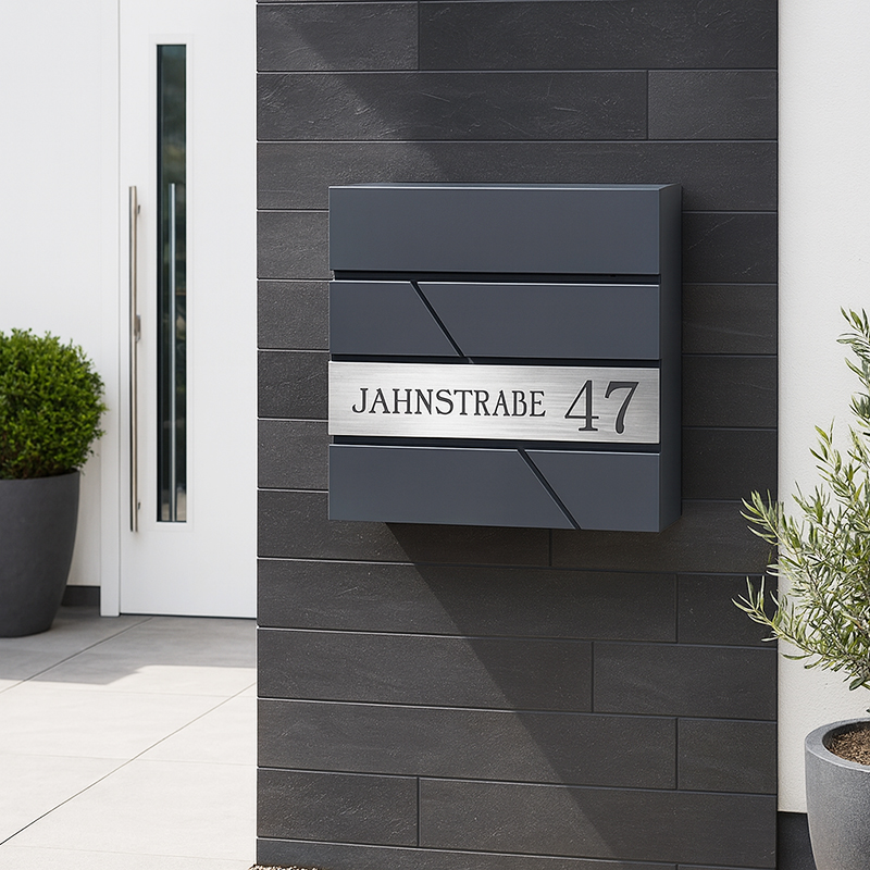 Moderner Briefkasten mit Hausnummer und Fach für Zeitungen